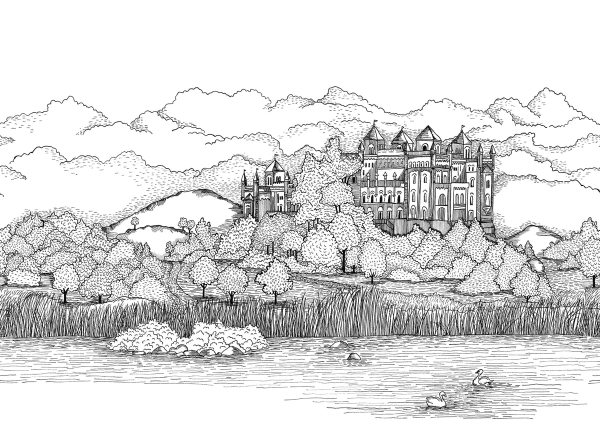 Castle By The Lake, Black & White Mural Wallpaper - pure wallpaper artwork