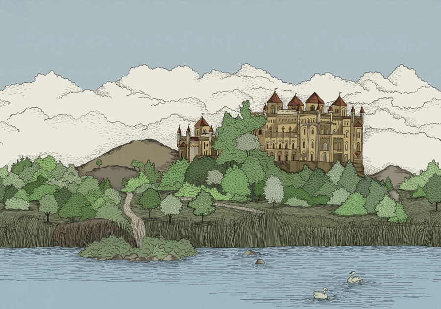 Castle By The Lake, Green Mural Wallpaper