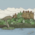 Castle By The Lake, Green Mural Wallpaper - pure wallpaper artwork