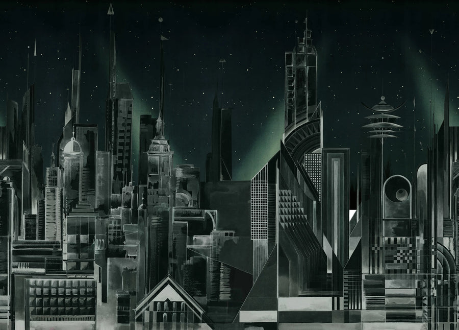 Sci-Fi Town, Green Mural Wallpaper
