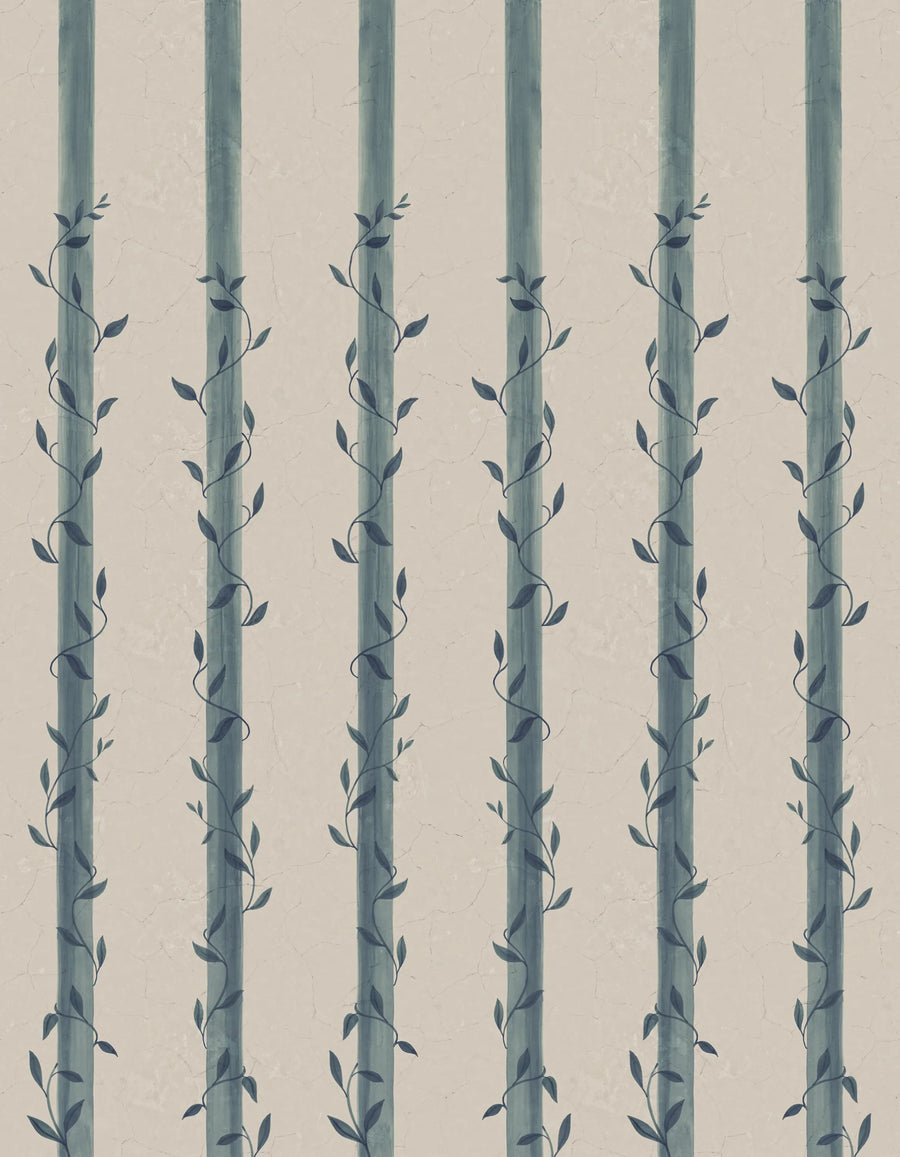 Leafy Stripes, Blue Mural Wallpaper