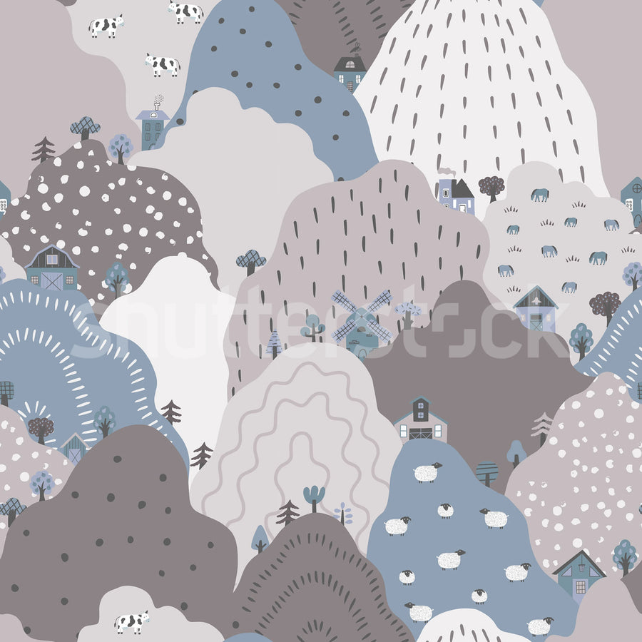 Happy Hillside, Gray Mural Wallpaper