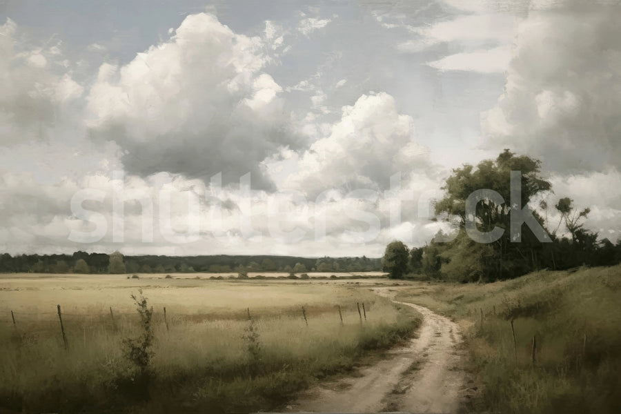 Country Road Painting, Beige Mural Wallpaper