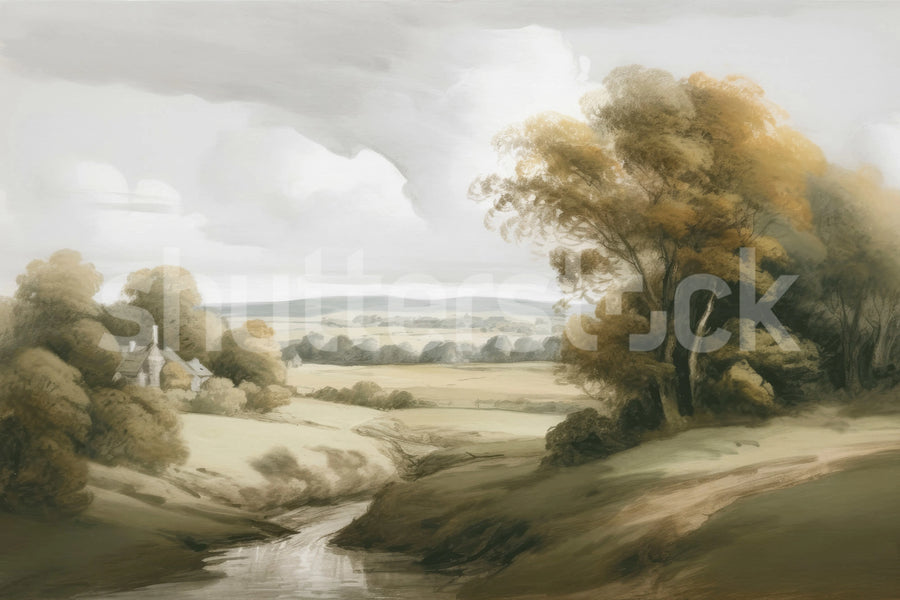 Field View Painting, Beige Mural Wallpaper