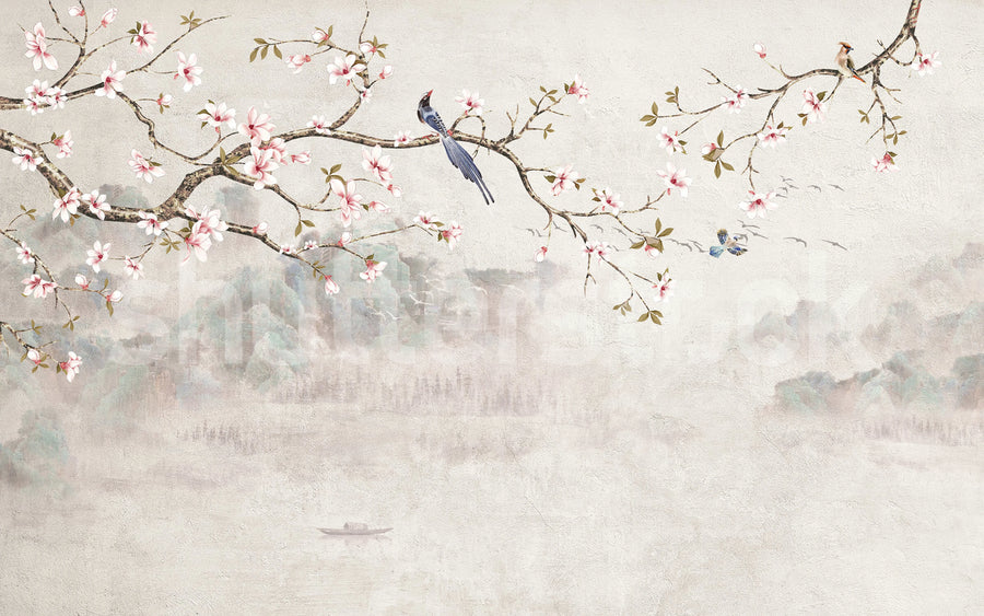 Bird Tree, Pastel Mural Wallpaper