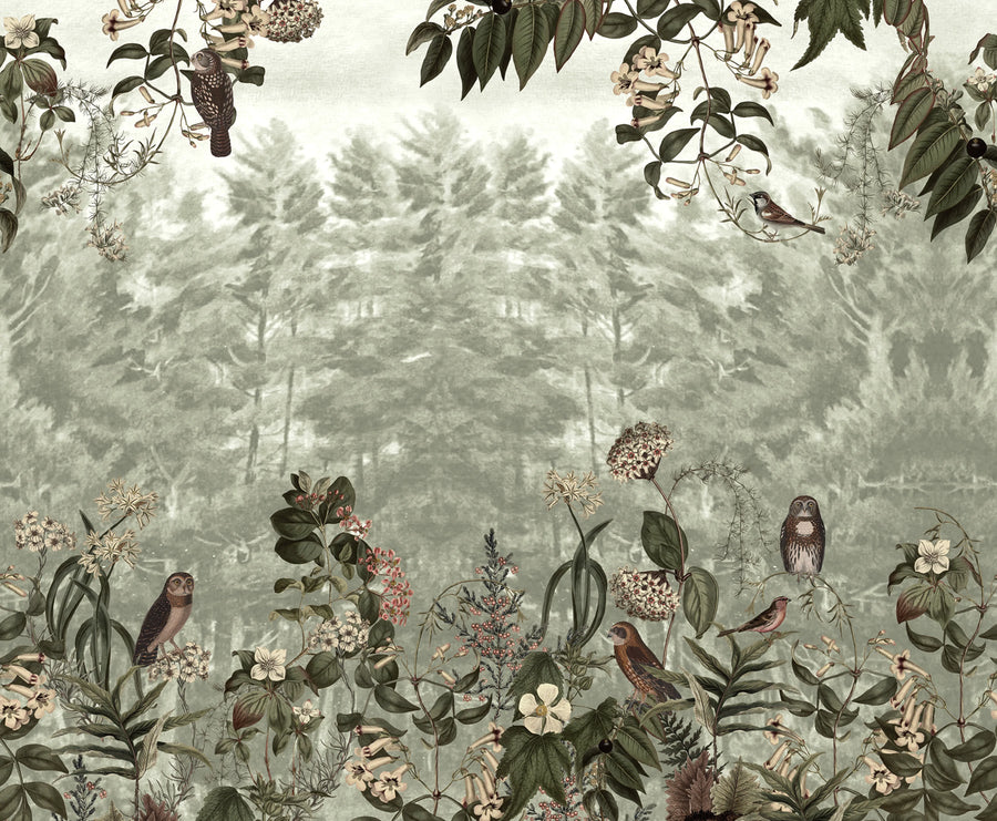 Owl Forest, Green Mural Wallpaper