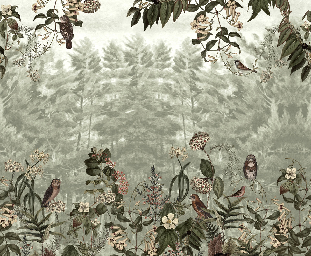 Owl Forest, Green Mural Wallpaper - pure wallpaper artwork