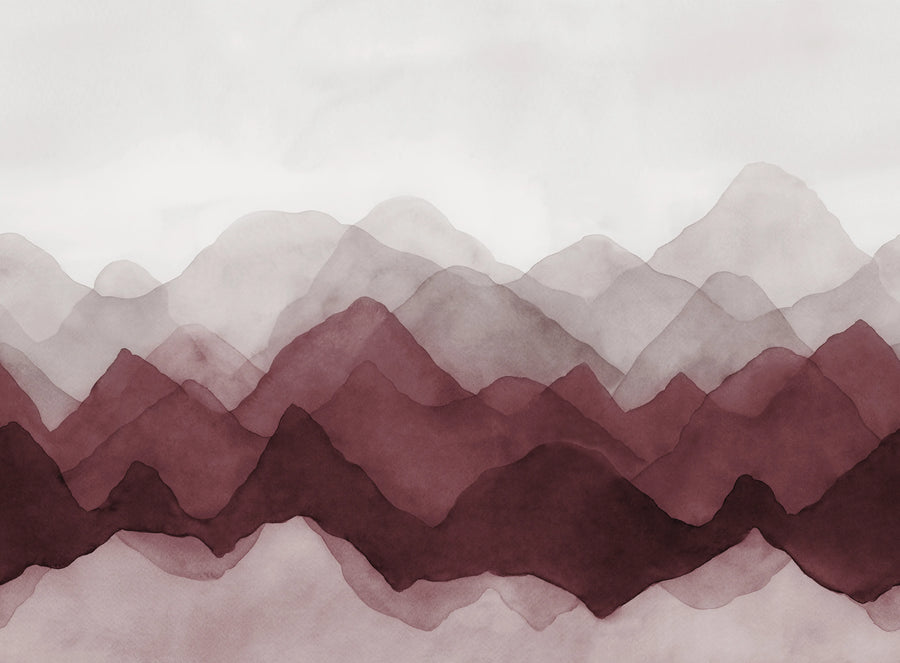 Watercolor Mountain, Burgundy Mural Wallpaper