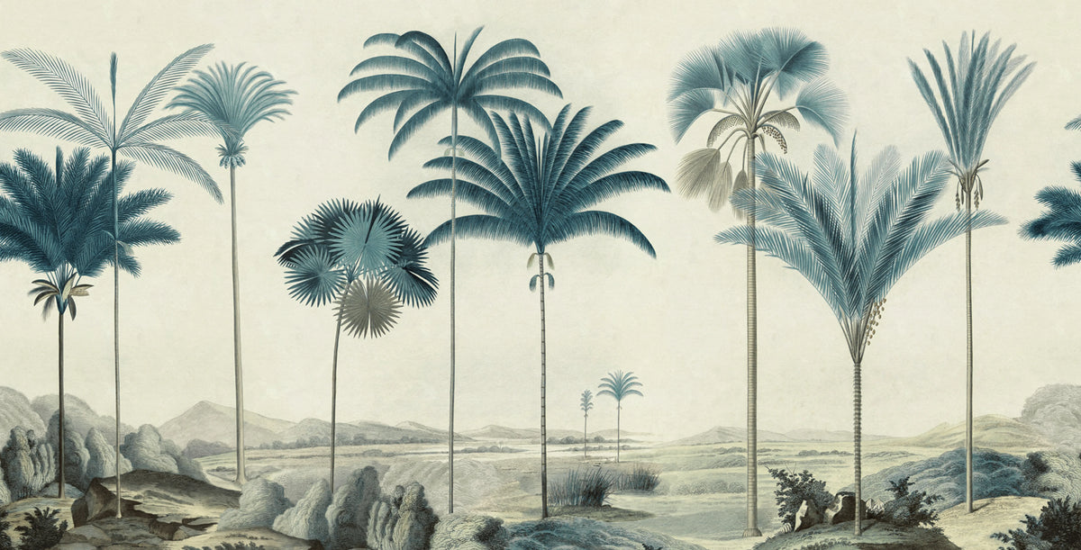 Vintage Palms, Blue Mural Wallpaper - pure wallpaper artwork