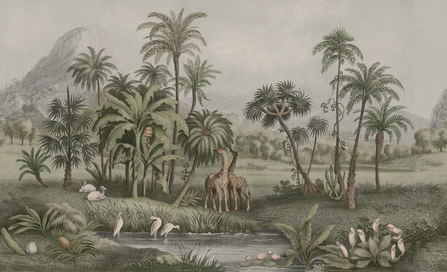 Giraffe Savannah, Green Mural Wallpaper