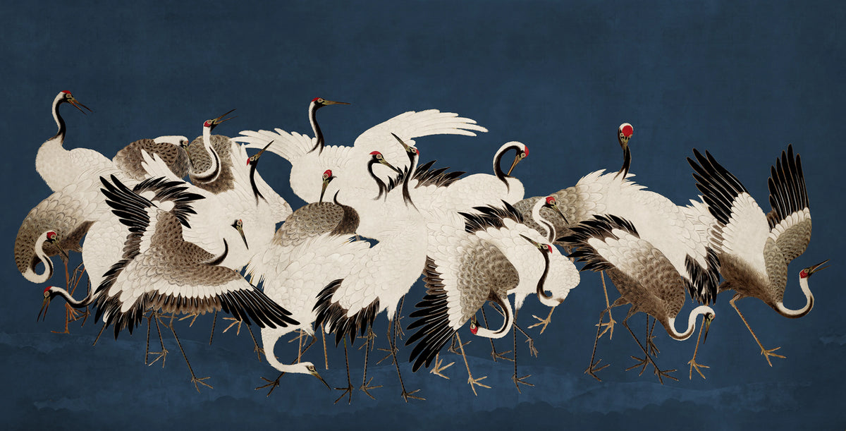 Dancing Cranes, Blue Mural Wallpaper - pure wallpaper artwork