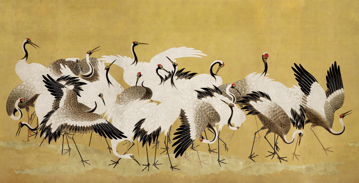 Dancing Cranes, Yellow Mural Wallpaper - pure wallpaper artwork