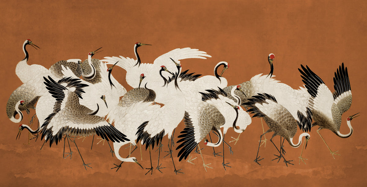 Dancing Cranes, Orange Mural Wallpaper - pure wallpaper artwork