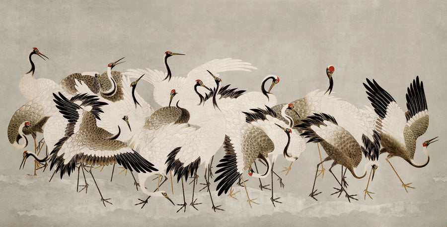 Dancing Cranes, Beige Mural Wallpaper