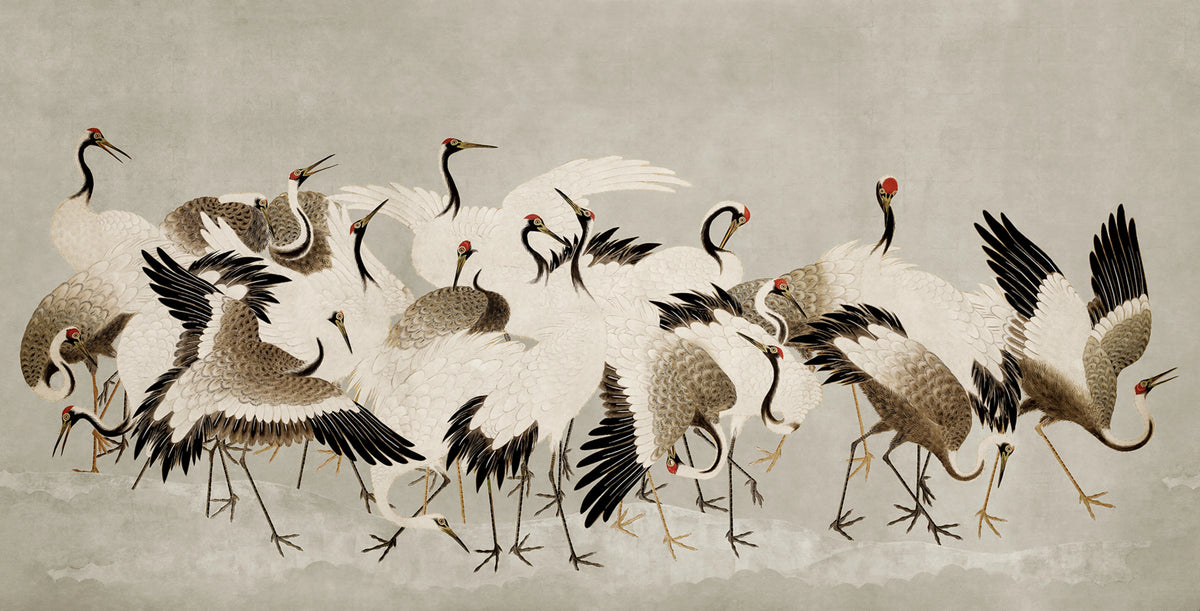 Dancing Cranes, Beige Mural Wallpaper - pure wallpaper artwork