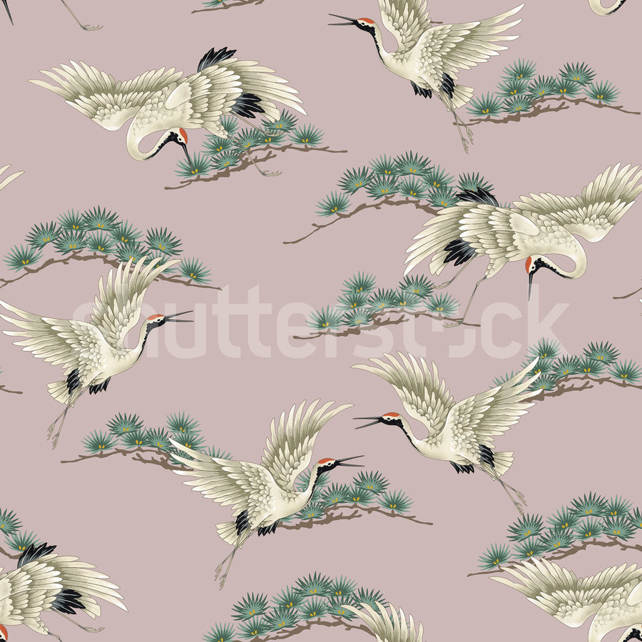 Flying Cranes, Pink Mural Wallpaper