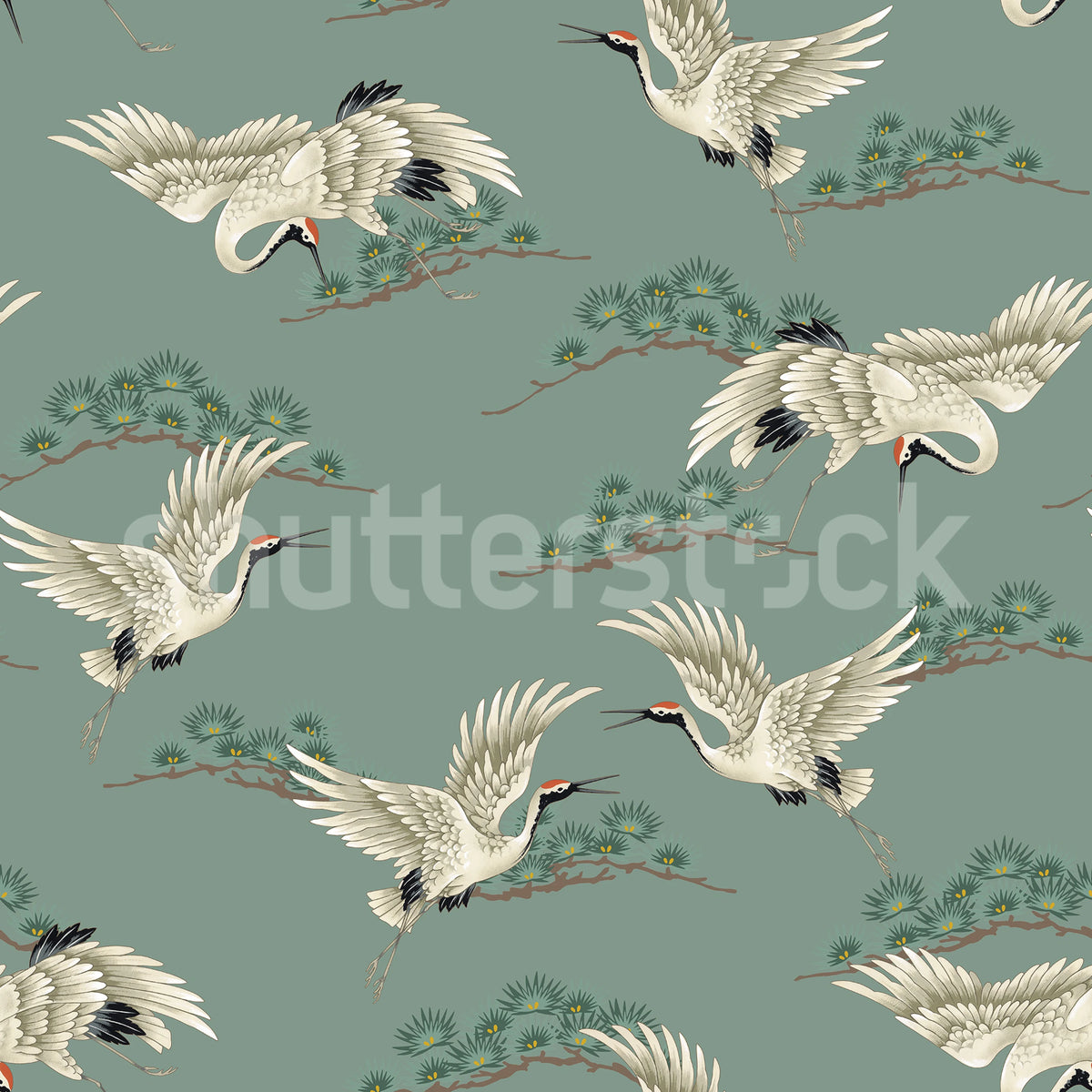 Flying Cranes, Green Mural Wallpaper - pure wallpaper artwork