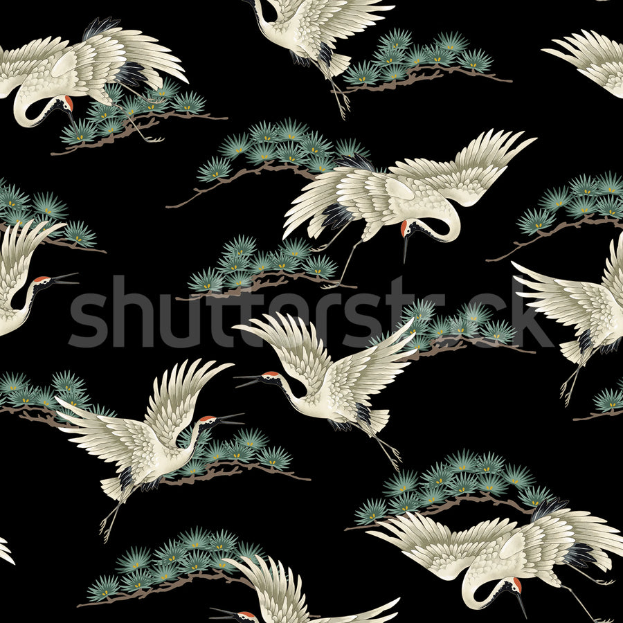 Flying Cranes, Black Mural Wallpaper