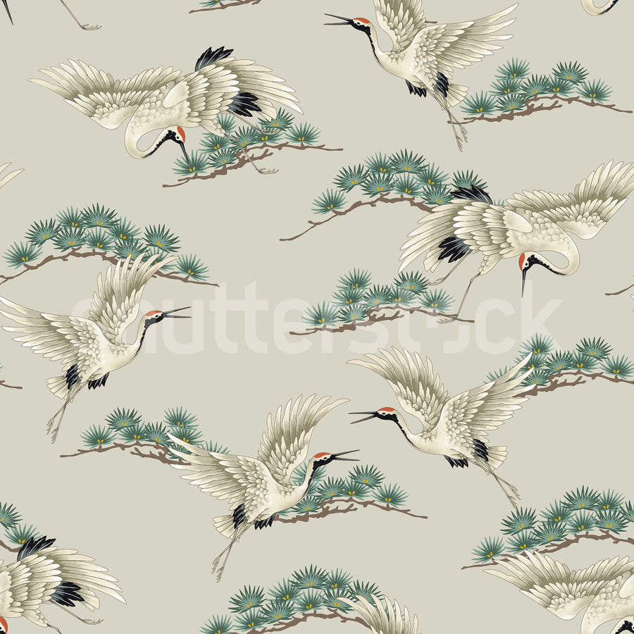Flying Cranes, Beige Mural Wallpaper
