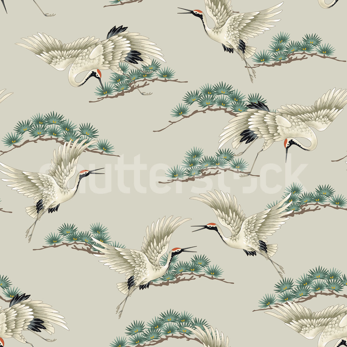 Flying Cranes, Beige Mural Wallpaper - pure wallpaper artwork
