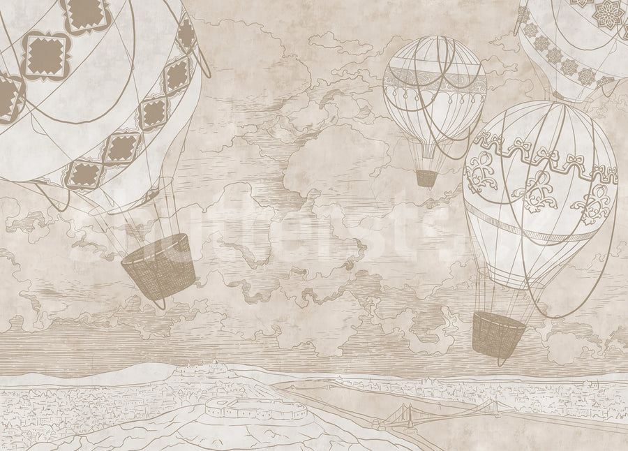 Balloon Travelers, Beige Mural Wallpaper