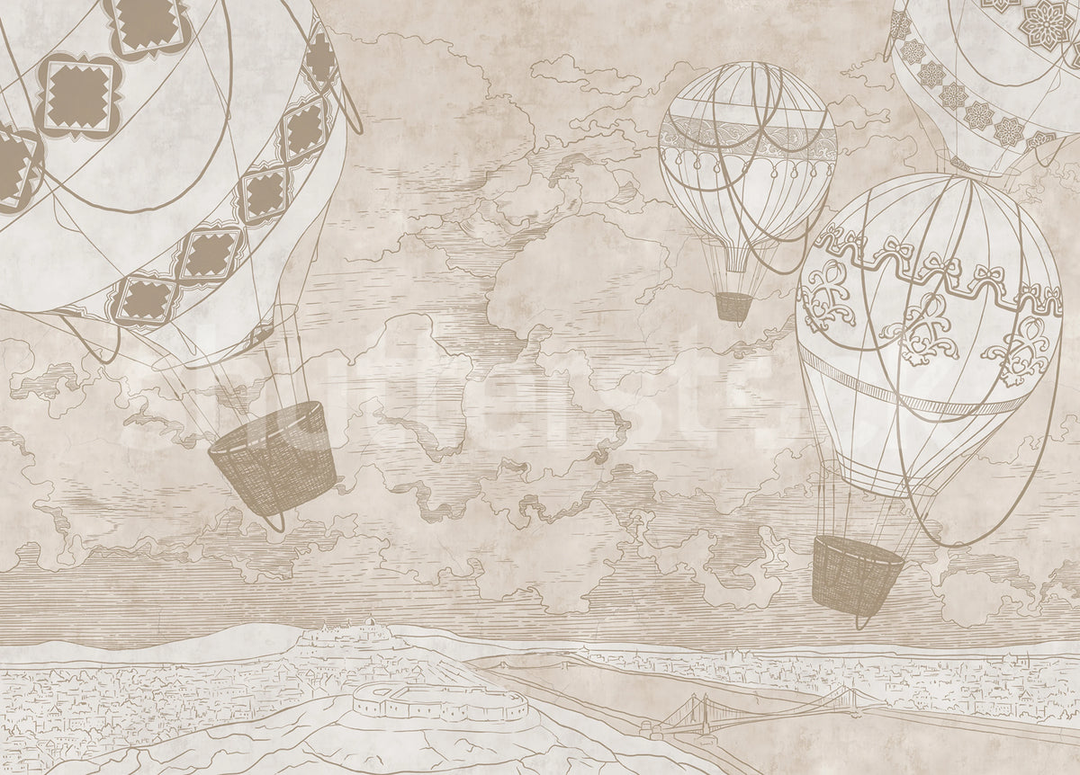 Balloon Travelers, Beige Mural Wallpaper - pure wallpaper artwork