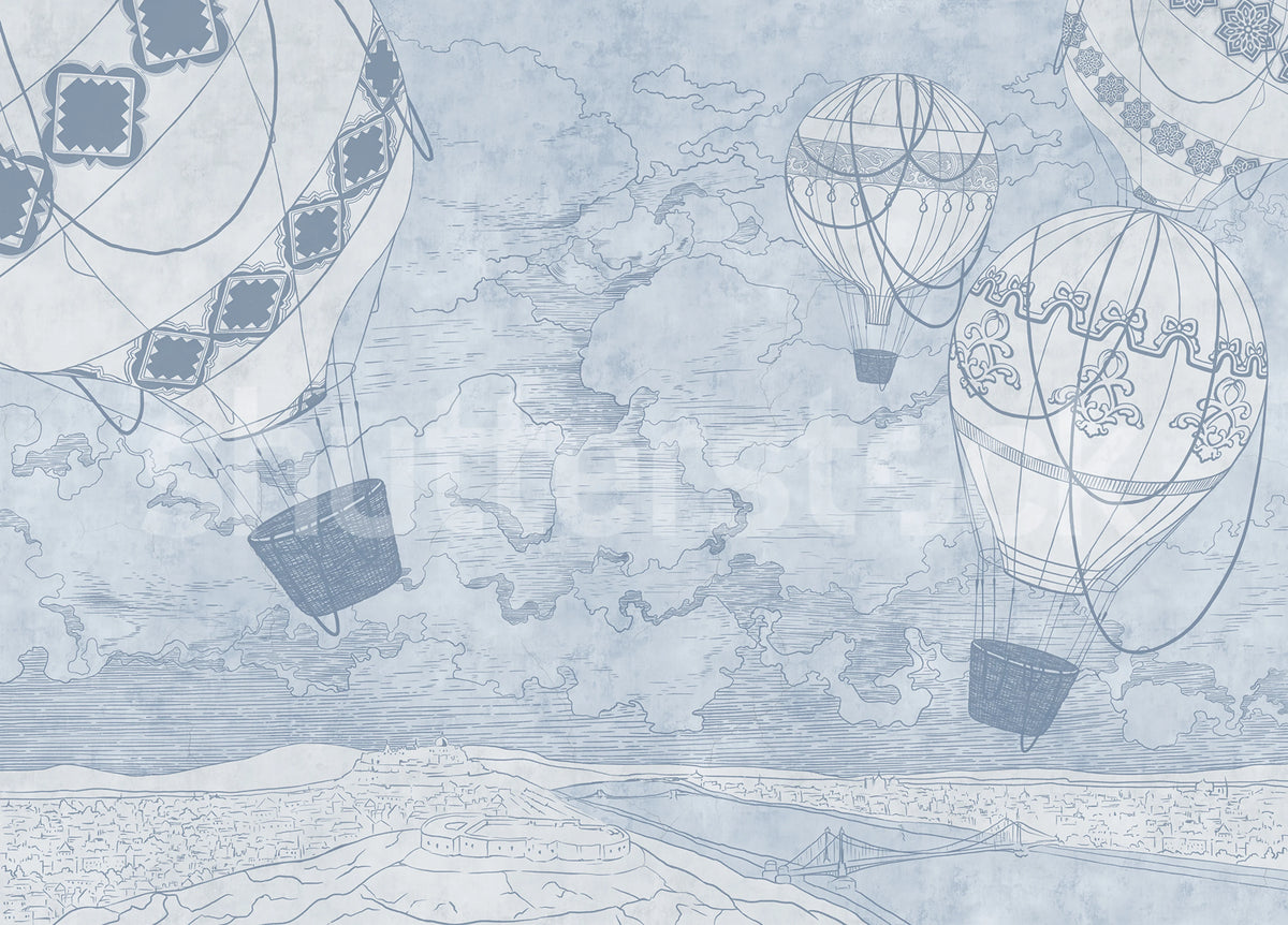 Balloon Travelers, Blue Mural Wallpaper - pure wallpaper artwork