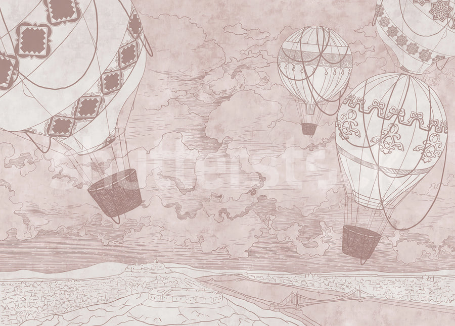 Balloon Travelers, Pink Mural Wallpaper
