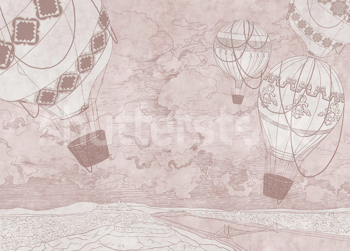 Balloon Travelers, Pink Mural Wallpaper - pure wallpaper artwork