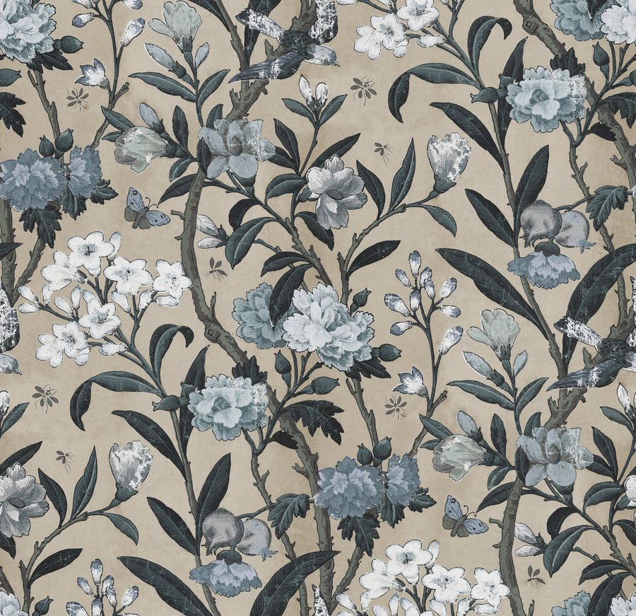 Winding Bloom, Light Blue Mural Wallpaper