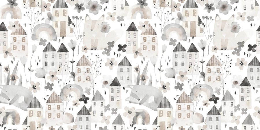 Fox Village, Gray Mural Wallpaper