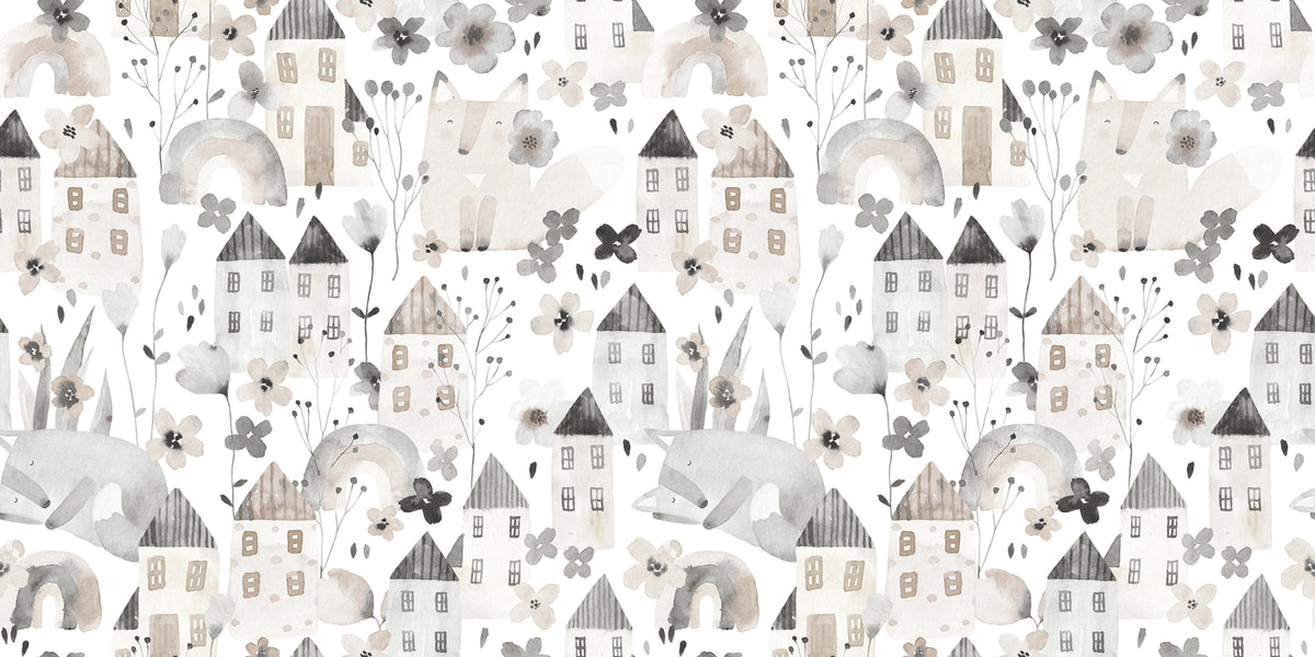 Fox Village, Gray Mural Wallpaper - pure wallpaper artwork