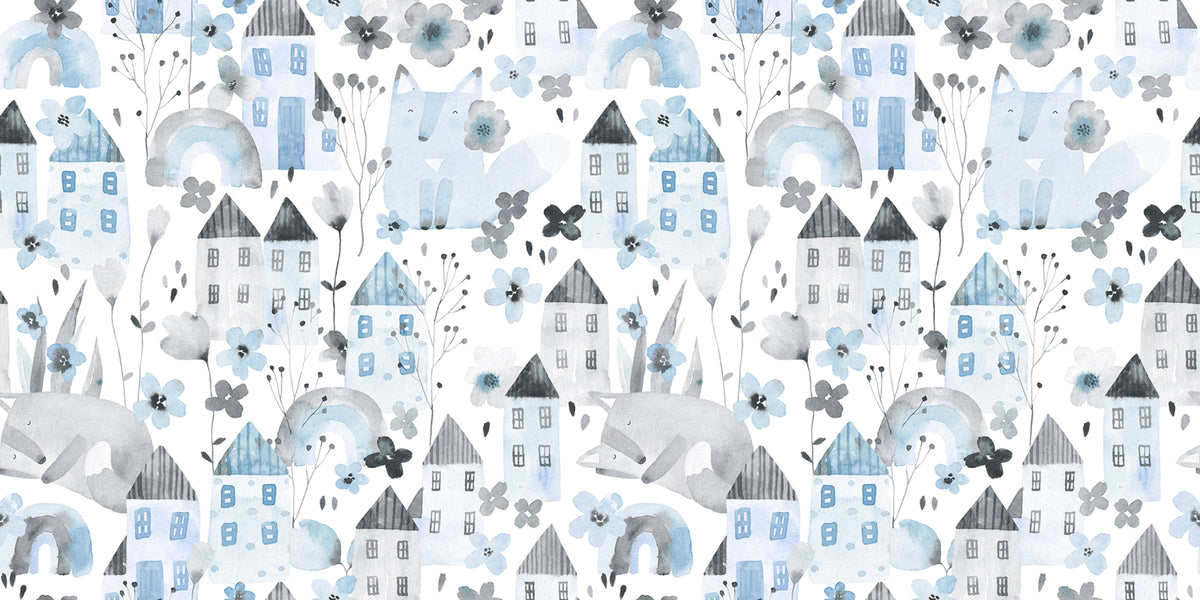 Fox Village, Blue Mural Wallpaper - pure wallpaper artwork