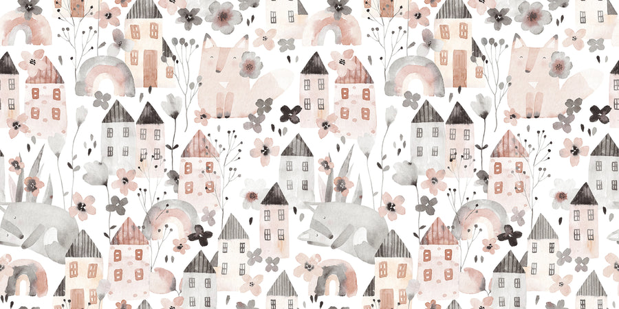 Fox Village, Pink Mural Wallpaper
