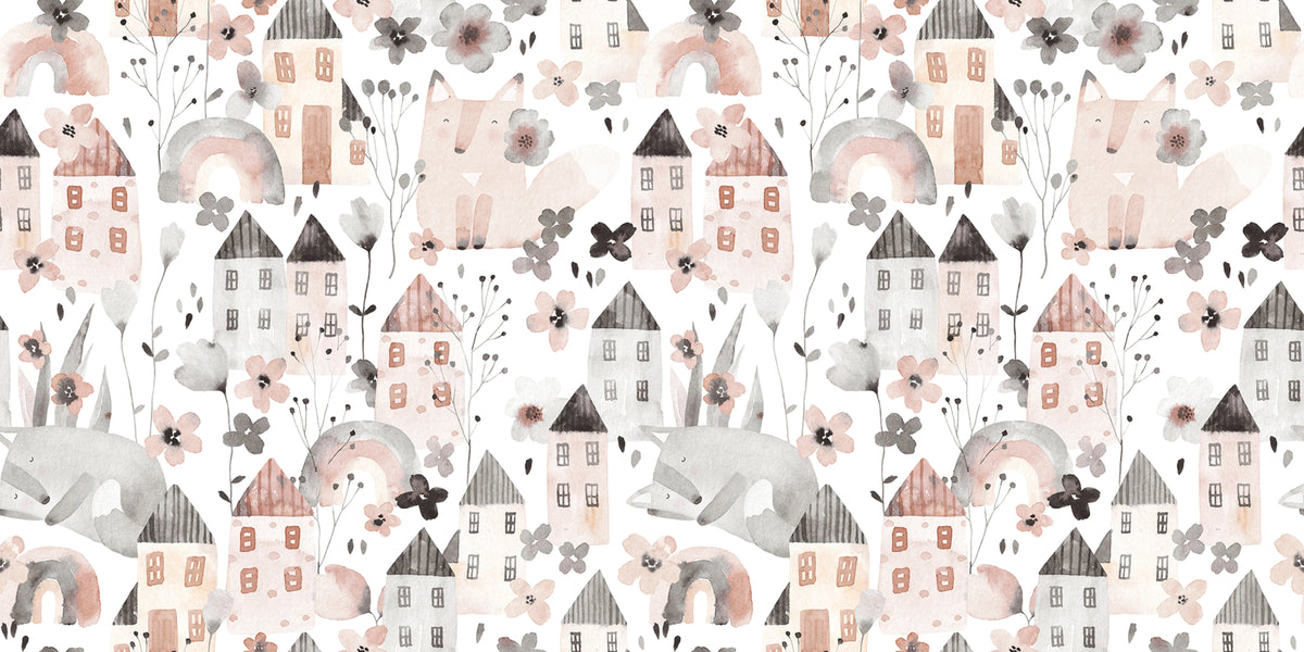 Fox Village, Pink Mural Wallpaper - pure wallpaper artwork