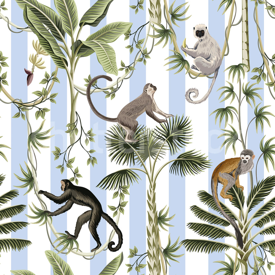 Monkey Stripes, Blue Mural Wallpaper