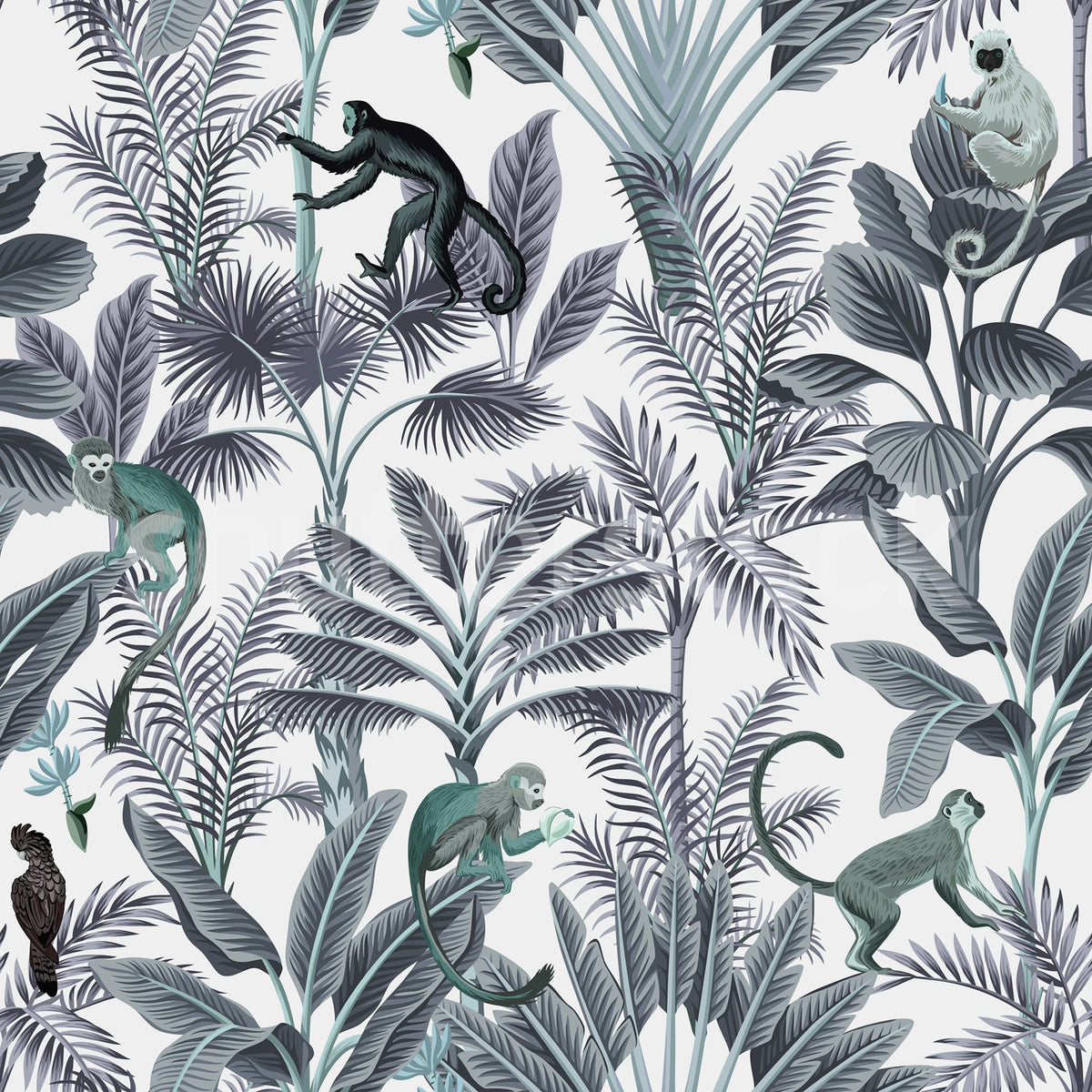 Tropical Monkeys, Blue Mural Wallpaper - pure wallpaper artwork