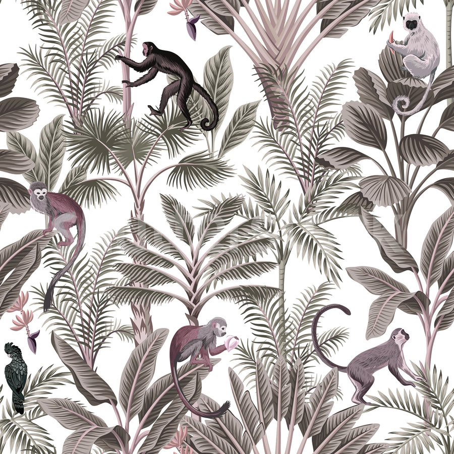 Tropical Monkeys, Red Mural Wallpaper