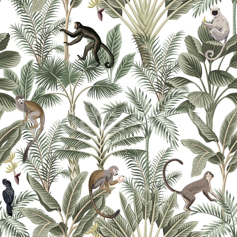 Tropical Monkeys, Green Mural Wallpaper