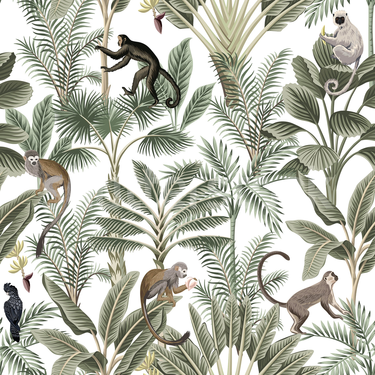 Tropical Monkeys, Green Mural Wallpaper - pure wallpaper artwork