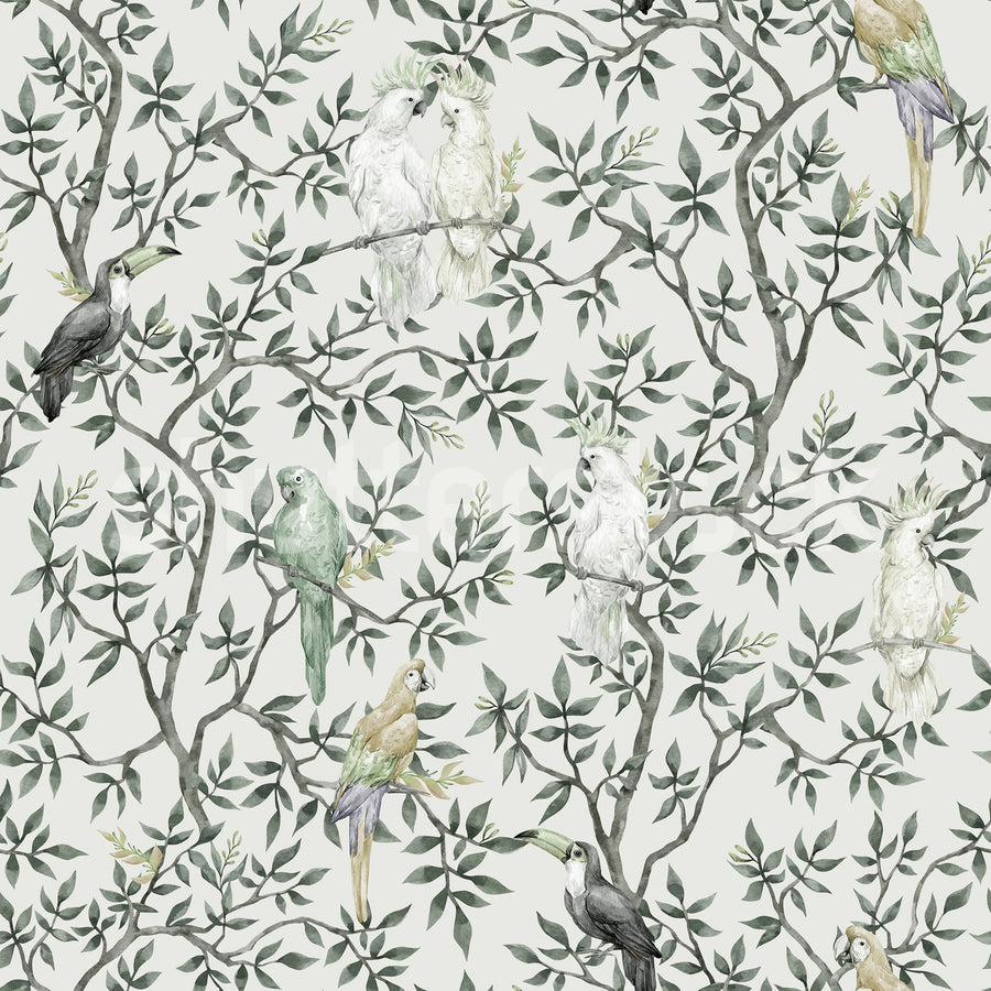 Parrot Shrubbery, Green Mural Wallpaper