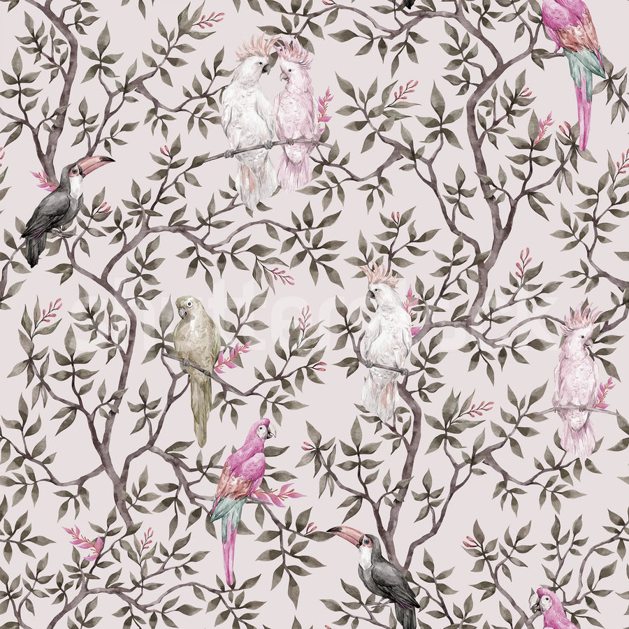 Parrot Shrubbery, Pink Mural Wallpaper