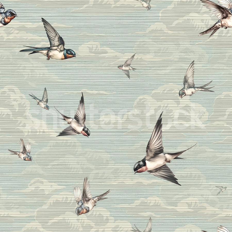 Swallow Sky, Vintage Blue Mural Wallpaper