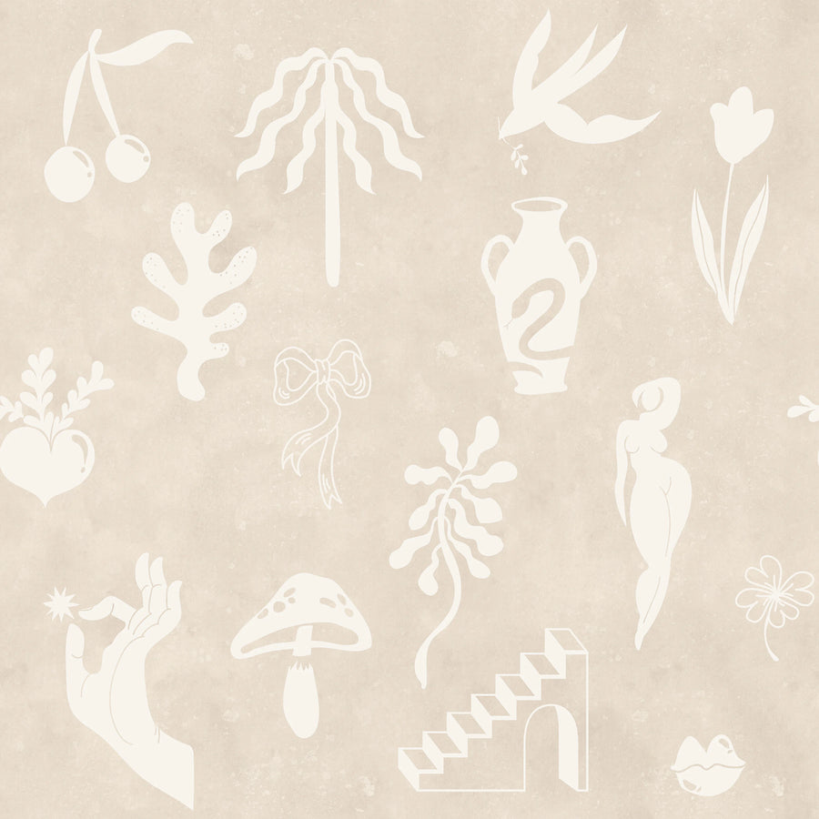 Symbolic Tales, Beige Mural Wallpaper