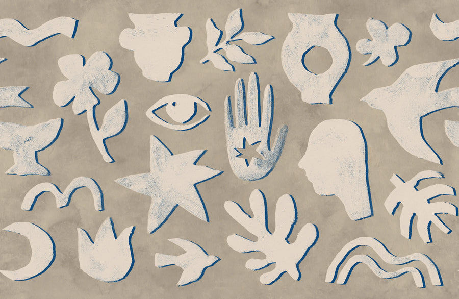 Symbolic, Blue & Beige Mural Wallpaper