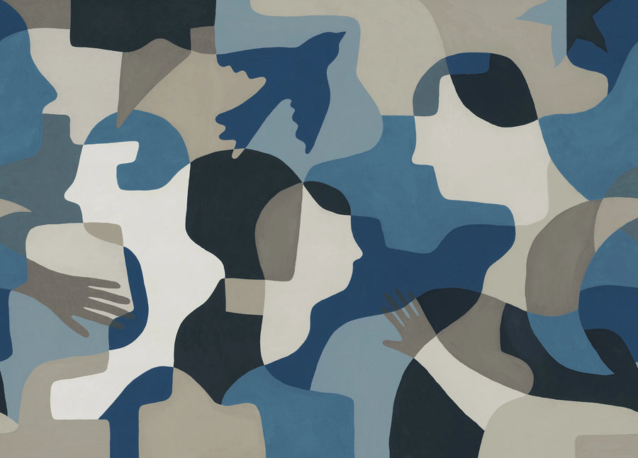 Silent Conversation, Blue Mural Wallpaper