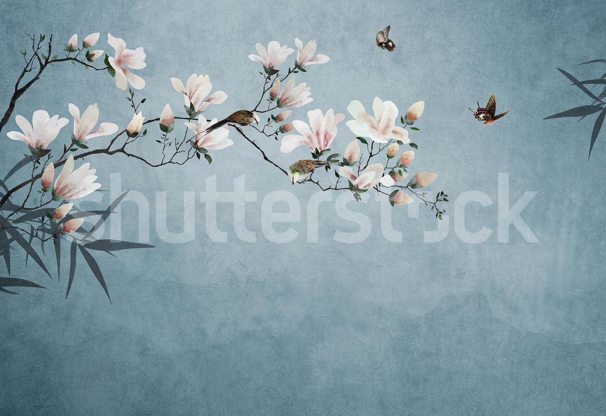 Bird Branch, Blue Mural Wallpaper - pure wallpaper artwork
