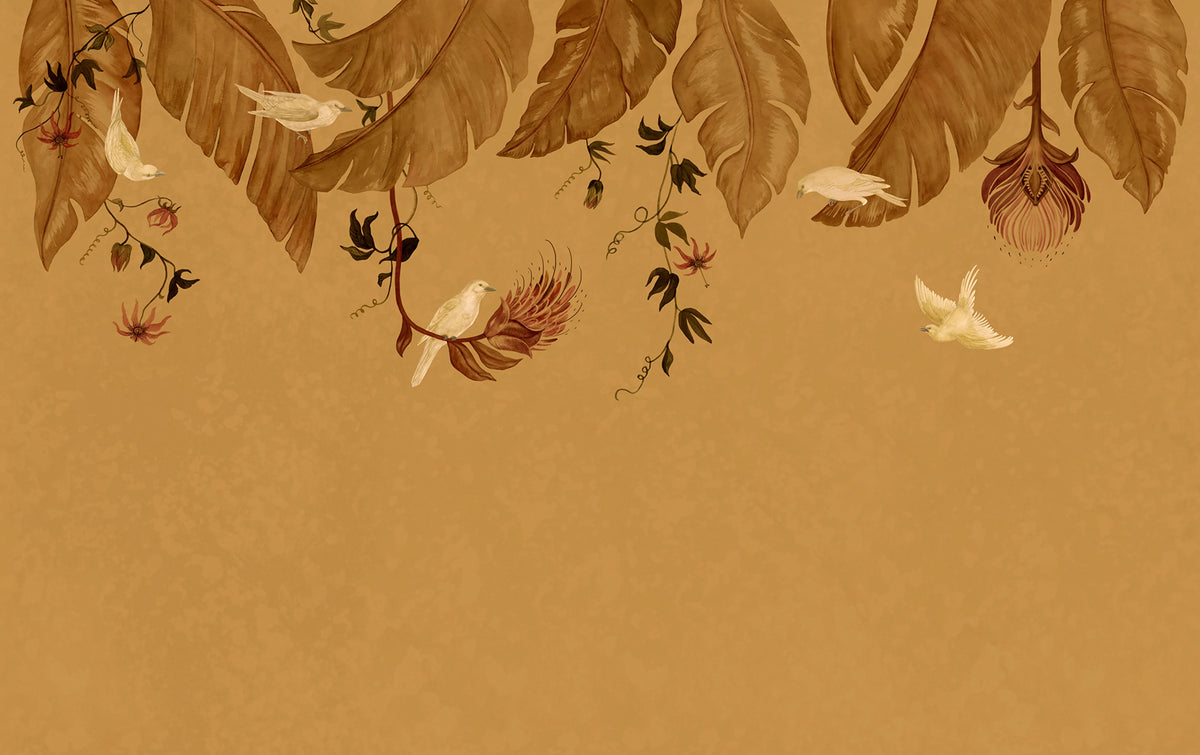 Birds in the Trees, Orange Mural Wallpaper - pure wallpaper artwork