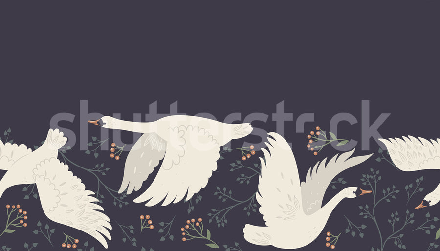 Swan Serenade, Midnight Blue Mural Wallpaper