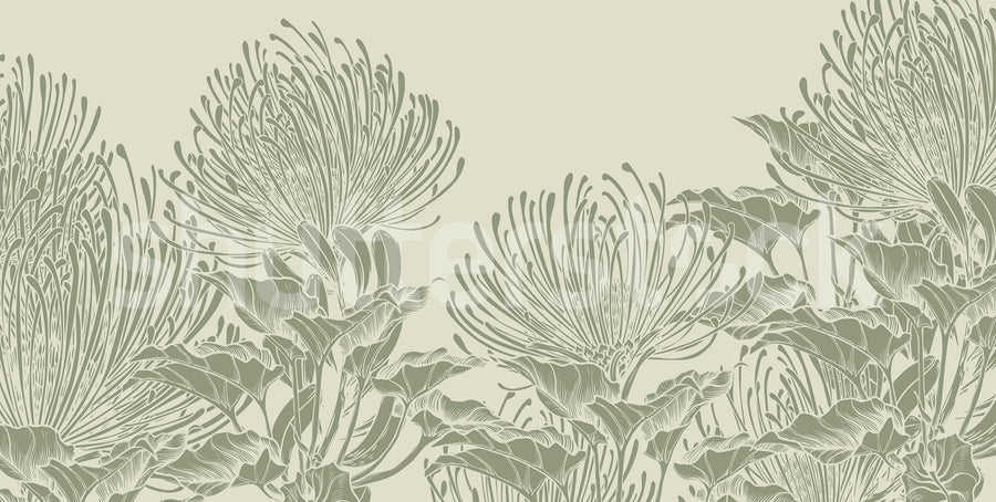 Protea Bloom, Soft Green Mural Wallpaper